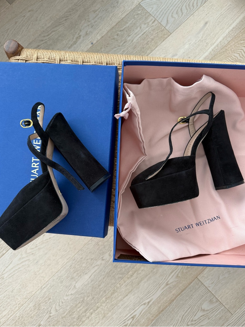 Stuart Weitzman Black Suede Skyhigh Strapped Platform Pumps
